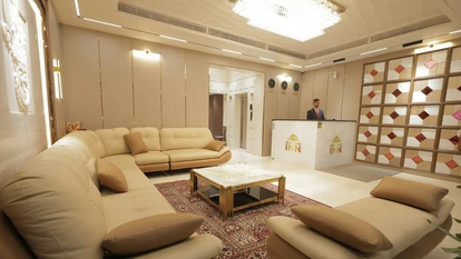hotel front desk with sofas