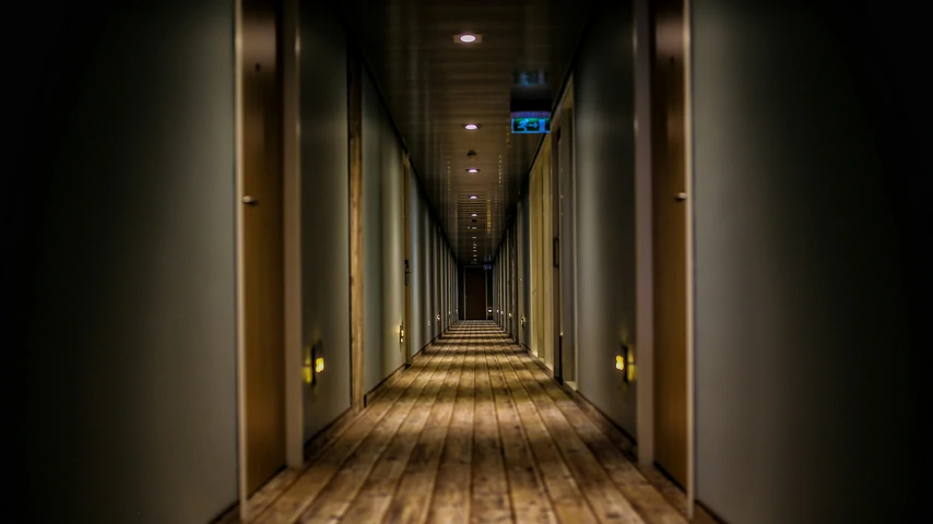  Hotel corridor with doors on either side