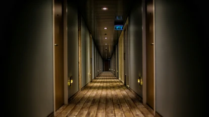  Hotel corridor with doors on either side